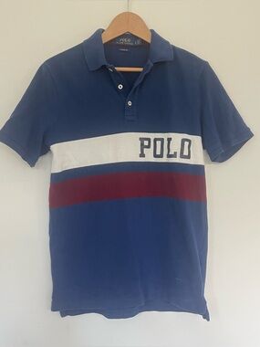 Polo by Ralph Lauren Men's Navy Blue Striped Polo Spell Out Shirt Preppy VTG SM